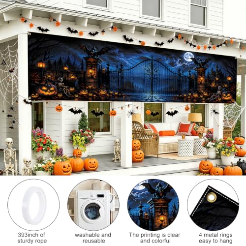 Halloween Fence Banner Large Waterproof Outdoor Decor with Gothic Gate & Haunted Castle - Variation 277-1