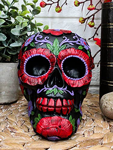 Black Day of The Dead Floral Sugar Skull Figurine - Summer Red & Purple Flowers Variation - Halloween & Dia de los Muertos Decor 6"