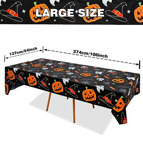 Halloween Plastic Tablecloth 2 Pack - Black with Pumpkin Print, 54 x 108 Inch Disposable Party Decor
