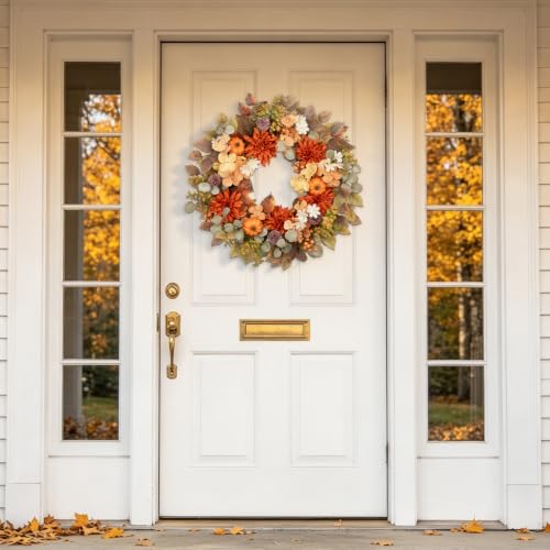 Orange Fall Wreath with Pumpkins Dahlias Berries & Eucalyptus Leaves - 24 Inch Autumn Decor