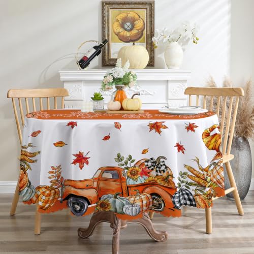 Fall Round Tablecloth 60 Inches - Orange Truck Fall Decorations, Fade-Resistant