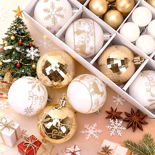 Christmas Ball Ornaments Set - Gold & White 44 pcs Holiday Tree & Wreath Decorations