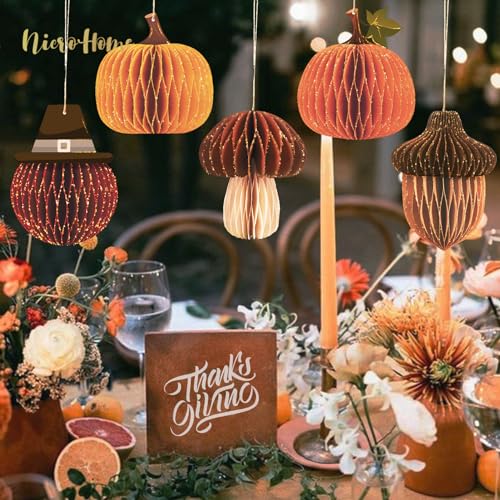 Fall Thanksgiving Honeycomb Ornament Set - 5Pcs Autumn Decor with Orange & Brown Variations