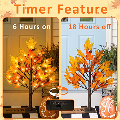 2-Pack 2FT Lighted Maple Tree Decor - Fall LED Thanksgiving Tabletop Lamp with 6 Acorns & Timer