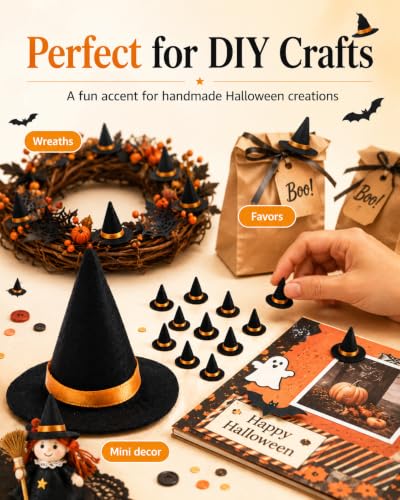 Mini Felt Witch Hats for Crafts - 60 Pack Black Halloween Decorations