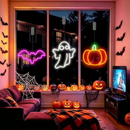 Rechargeable Halloween Window Lights Set - Purple, White & Orange with Timer 11.8x5.9in
