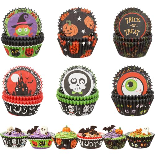 Halloween Cupcake Liners 300 Pack - Pumpkin Skull Spiderweb Designs for Baking & Parties