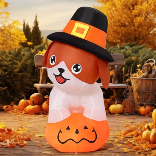 Inflatable Thanksgiving Dog Decor with Pumpkin & Pilgrim Hat, LED Lights - 5.2 FT Outdoor Yard Decoration