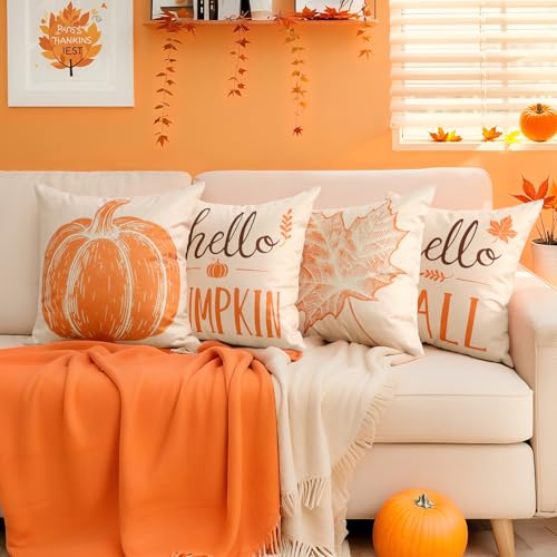 Fall Pillow Covers 18x18 Inch Set of 4 Autumn Harvest Decorations - Beige Maple Variation