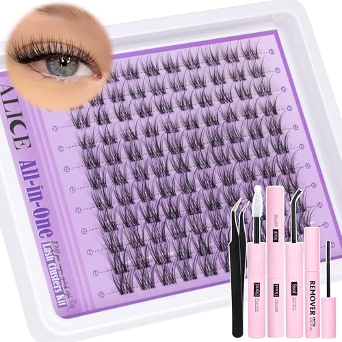All in One Natural Lash Extensions Kit D45 - Wispy 10-14mm Clusters, Invisible Band, DIY Eyelash Kit
