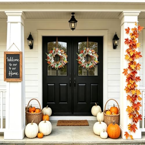 18 Inch Fall Pumpkin Wreath for Front Door - Small Version, Autumn Decor