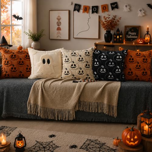 Halloween Pumpkin Pillow Covers 18x18 Set of 2 Black White Decor Variation of Blackwhite Pumpkins