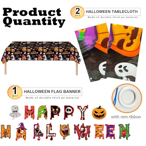 Halloween Disposable Plastic Tablecloths with Banner - 2 Pack, 54x108 Inch, Black & Orange