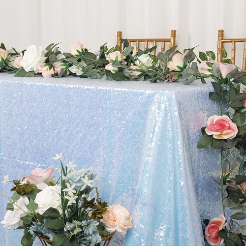 Iridescent Aqua Sequin Tablecloth 90x156 Inch Rectangle Glitter Linen for Party