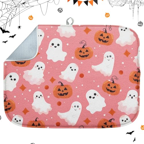 Halloween Pumpkin Dish Drying Mat - Absorbent Kitchen Counter Protector, 16 x 18 Inches, Pink Ghost Variation