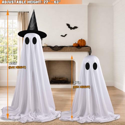 63 Inch Ghost Halloween Decoration Kit with Light-Up Witches Hat & Remote Control Lights - Spooky Outdoor Yard Porch Decor - 2 Pack