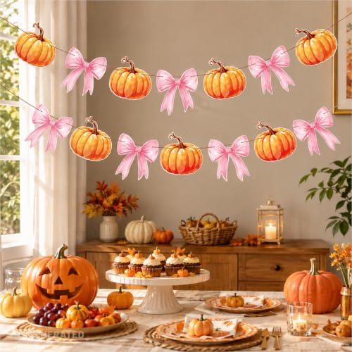 Autumn Pumpkin Banner with Pink Bows - Halloween & Fall Party Decor, 2 Pieces