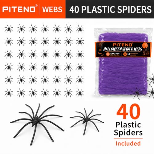 Purple Halloween Spider Webs Decoration Kit - 1200 sqft Stretchable Web with 40 Fake Spiders