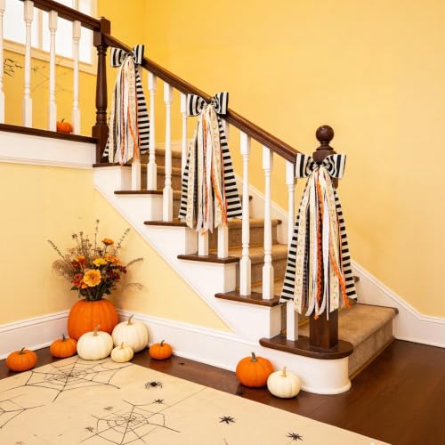 Striped Halloween Black Bow for Fall Wreaths Front Door Decor - Orange & Beige