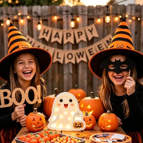 Halloween Wooden Ghost Table Sign - Light Up Decor for Desk, Home, Office - White Variation
