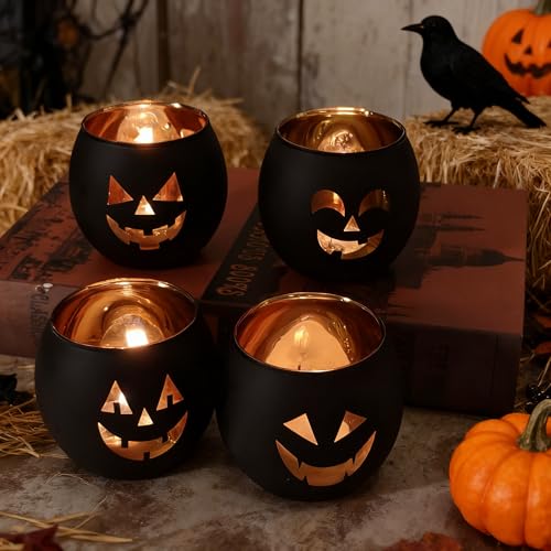 Halloween Candle Holder Set - Glass Votive Tealight Holders with Jack O Lantern Faces, 4 Pieces