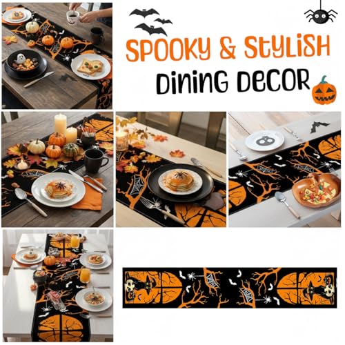 Halloween Table Runner with Black Cat Skull & Pumpkin Design - Animal Print Style, 72x13 Inches