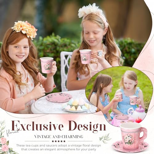 Pink Floral Paper Tea Cups and Saucers Set - 7 oz Disposable Party Drinkware