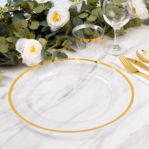 Clear Charger Plates with Gold Rim - 12 Inch Disposable Party Tableware - 100 Pack