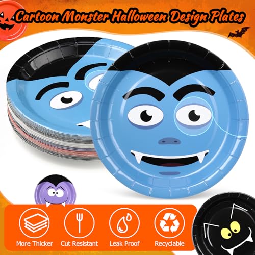 48 Pcs Halloween Paper Plates Set - Disposable Party Dinnerware with Pumpkin, Ghost, Skeleton, Bat & Cat Designs - 9 Inch