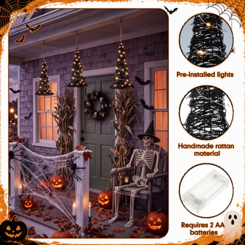 Halloween Rattan Witch Hat Decor Set with LED String Lights - Indoor Outdoor 12 Inch
