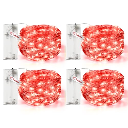 Fairy String Lights Battery Operated with Timer, 10FT, Red, 4 Pack