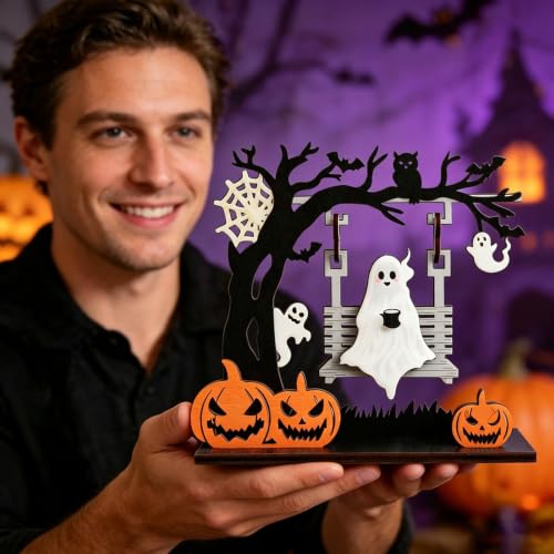 Primitive Halloween Ghost & Skeleton Swing Decor - Indoor Table Centerpiece