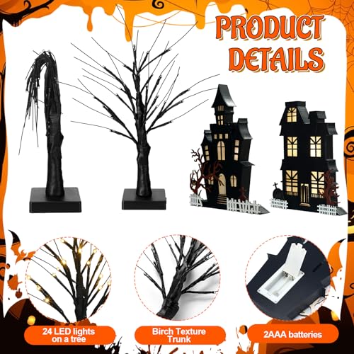 Halloween Table Decorations Set with Haunted Houses and Birch Trees - Indoor Usable