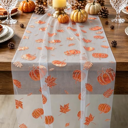 Fall Gauze Table Runner with Glitter Pumpkins & Maple Leaves - 120 Inch, Color 02