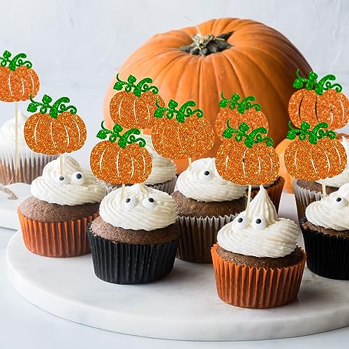 Pumpkin Cupcake Toppers - Glitter Fall Theme Decorations for Baby Shower & Birthday - Orange - 24PCS