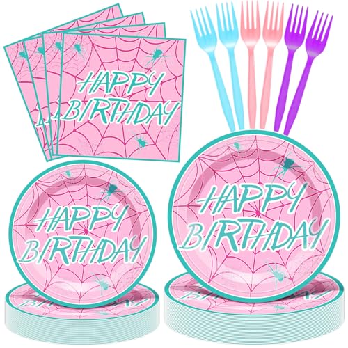 Pink Spider Web Birthday Tableware Set 96 pcs - Happy Birthday Variation