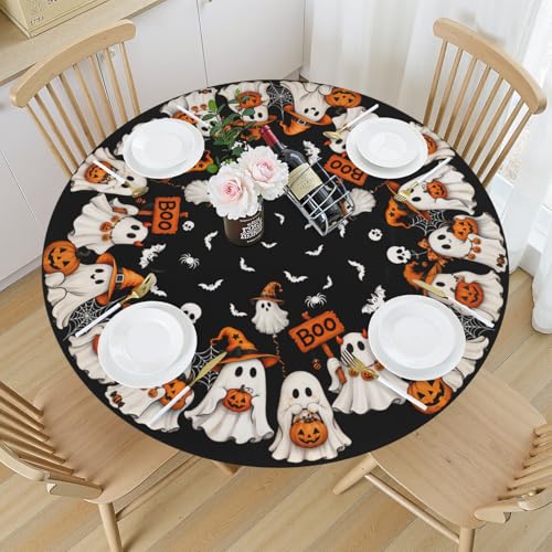 Round Halloween Tablecloth with Elastic Ghost Pumpkin Bat for 40-44 Inch Tables - Black, White, 43"