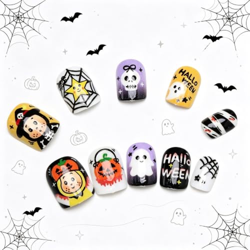 Halloween Press On Nails Short Square Fake Nails Cartoon Ghost - Variation of THIS listing