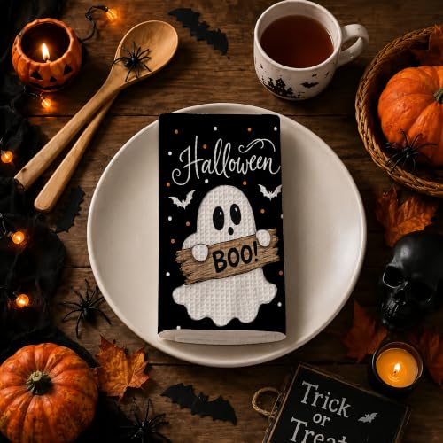 Ghost Cat Boo Kitchen Towels Set of 2 Halloween Dish Towels - Spooky Cat & Pumpkin Design