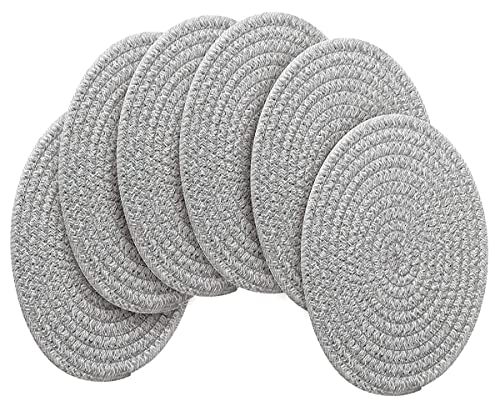Gray Woven Cotton Placemat Set - Round 13.8 Inch Table Runners, 6 Pack