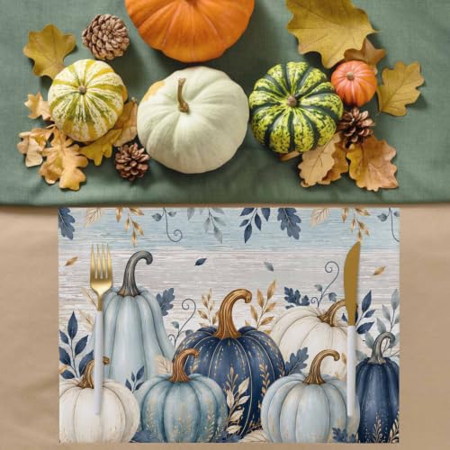 Fall Thanksgiving Placemats Set of 6 - Teal Blue White Pumpkin Autumn Decor - 18x12 Inches