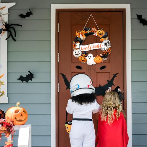 Halloween Wooden Door Sign Welcome Wreath - Spooky Holiday Decor