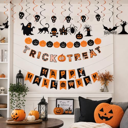 Orange Halloween Decorations Kit with Banners & Swirls - Spooky Party Supplies