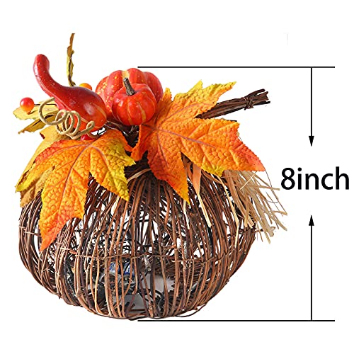 8-Inch Lighted Pumpkin Decor with Maple Leaves and Berries - Fall Table Centerpiece