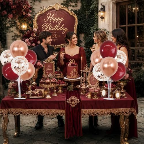 Burgundy Rose Gold Balloon Stand Centerpieces Set - 4 Reusable Table Decorations with Balloons