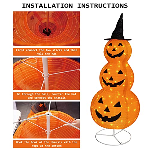5FT Collapsible Halloween Pumpkin Decoration with Pre-Lit Lights and Metal Stand