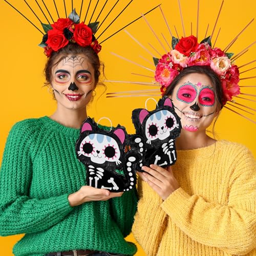 Mini Day of The Dead Skeleton Cat Piñata Set - Black Cats, 8 Pack, Party Decorations