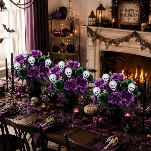 Purple Halloween Flower Bouquet - 18in Artificial Peony & Rose with Skull, 2 Pcs