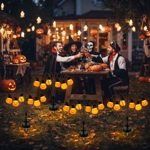 JUSTUP 2 Pack Halloween Pumpkin Solar Stake Lights - Orange, Waterproof Outdoor Garden & Lawn Decor with Auto Sensor & 6 LEDs