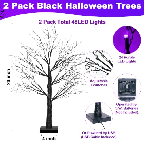 Purple Halloween Black Tree Decorations 24 Inch 2 Pack with Lights & Timer
